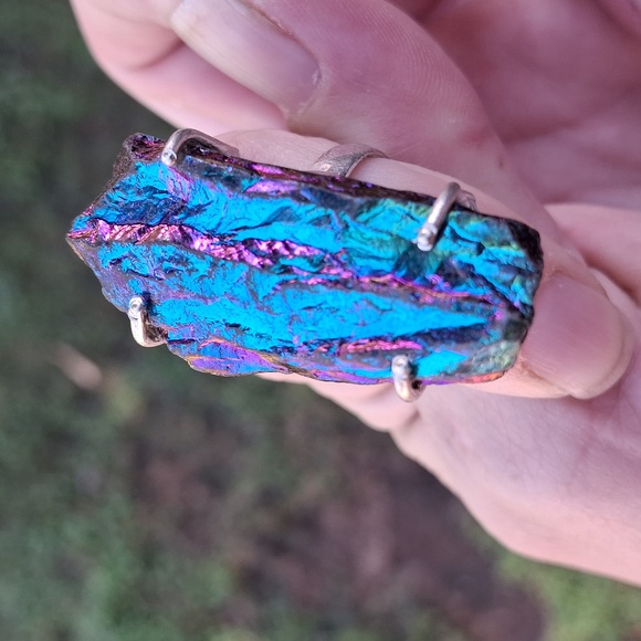 New Rough Rainbow Titanium Crystal Quartz 925 Silver Statement Ring. - Picture 5 of 15